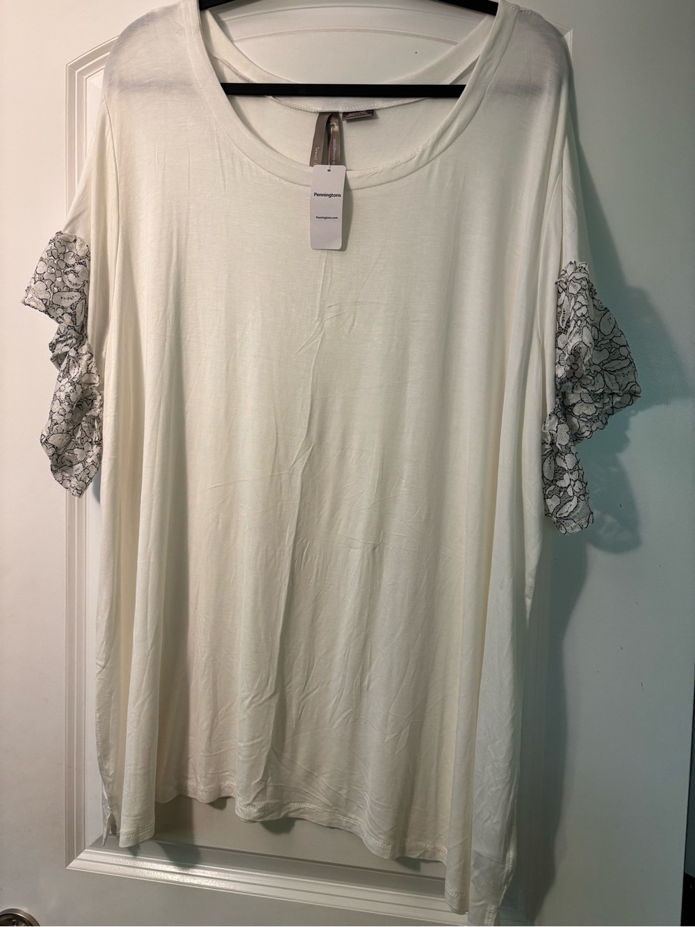 Penningtons Cream Scoop Neck Top with Black Lace Sleeve Ruffles